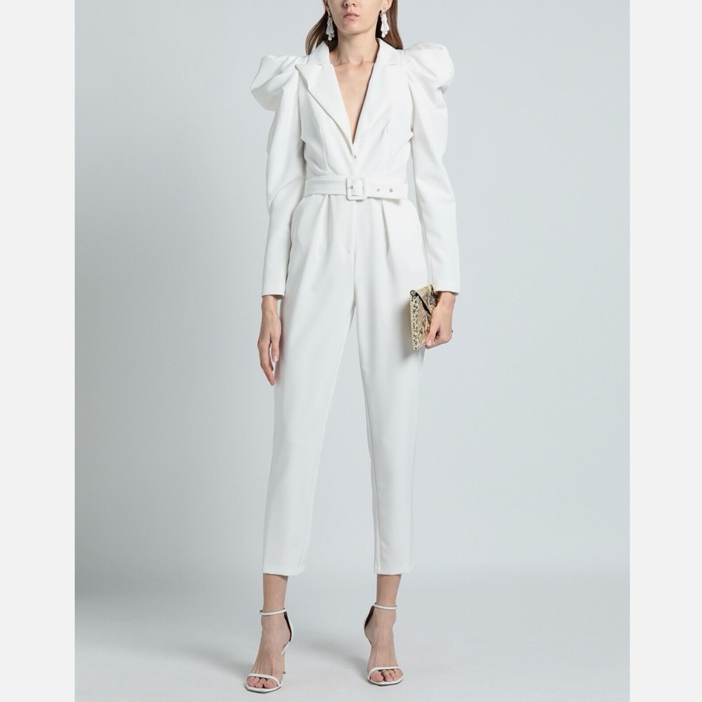 NEW w Tags €210 ACTUALEE Size 42/S White Jumpsuit Belted Puff Shoulders Collared